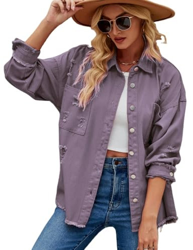BPKKLLSU Denim Jackets Women Women'S Denim Jacket Long Sleeve Denim Jacket Vintage Washed Denim Jacket-Lilac Colour-L