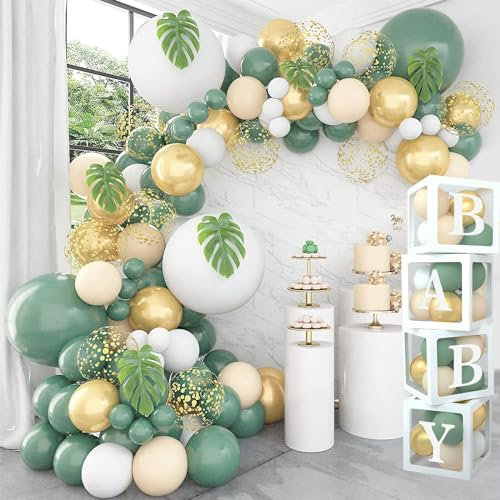 111 decoraciones de baby shower verde salvia, kit de arco de globos dorado verde salvia y 4 cajas de globos con letras, cajas de bebé para decoraciones de baby shower, suministros de fiesta de