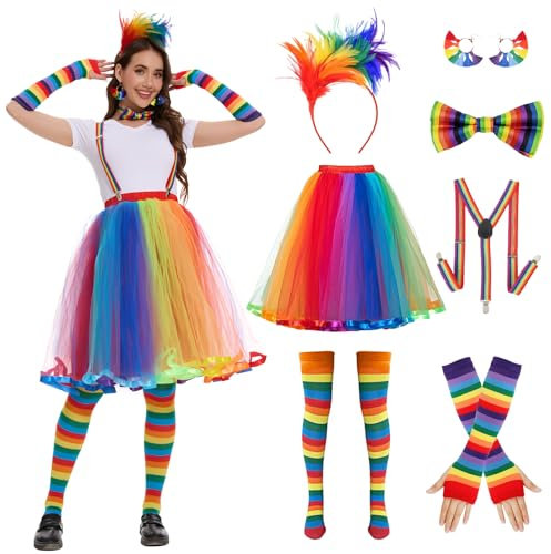 Joellfuner Regenbogen Kostüm Damen, Regenbogen Rock, Tüllrock Bunt, 80 er Jahre Kostüm Accessoires mit Retro Neon Tütü, Haarreif, Bow Tie, Ohrring, 80er Jahre Outfit Damen für Karneval Vintage Partys