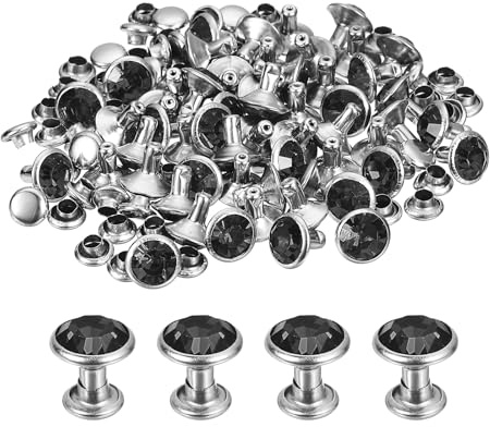 QUARKZMAN 60 Stück Strass Nieten für Leder, 8mm Leder Nieten Kristall Nieten Stud Rapid Doppelkappen Ziernieten Spikes für Schuhe DIY Handwerk Stoffkleidung Gürtel Taschen, Schwarz