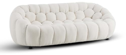 Lovesofas 3 Seater White Boucle Sofa – Modern Round White Bubble Sofa for Living Room, Three Seater in Fluffy Sherpa/Teddy Fabric with Geometric Tufting