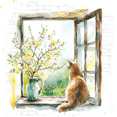 20 Servietten Natur Katze am Gartenfenster als Tischdeko. Papierservietten mit Motiv. Auch für Decoupage und Serviettentechnik 33x33cm