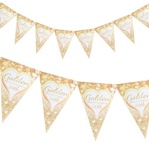 2 pancartas de 50 aniversario, banderines triangulares de 50 aniversario, guirnalda dorada de boda para decoración de fiesta de cumpleaños de boda dorada