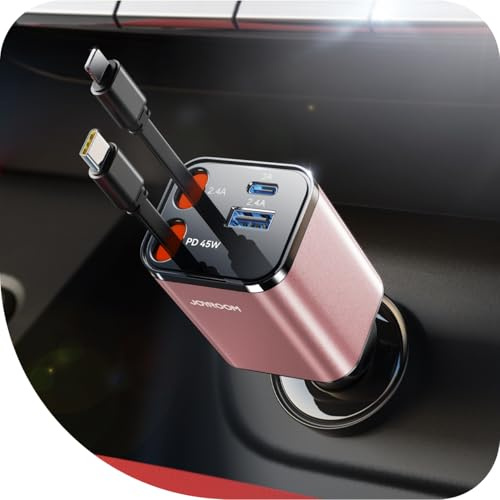 【4-IN-1】 2026 JOYROOM 84W Einziehbares Zigarettenanzünder USB C,【Ultra-Compact】 PD 45W Schnelles Laden Auto Ladegerät USB C, 12V/24V USB Adapter Auto Zubehör Innenraum für iPhone 17/Sumsang S26-Rosa