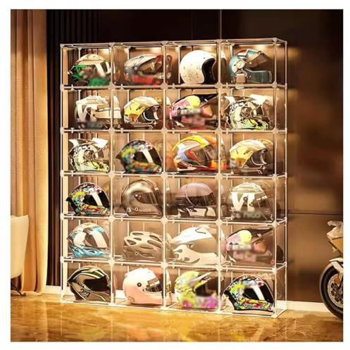 GZHERVICES Helmet Organize Display Cabinet With LED Light, Luminous Motorcycle Helmet Storage Rack, Clear Stackable Plastic Storage Bins, Book & Cosmetic Display Showcase(24pcs-B)