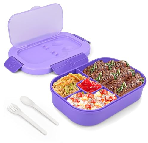 Fisynug Lonchera Bento de 1300 ml para adultos y niños, a prueba de fugas, con 3 compartimentos, contenedor de alimentos con cubiertos, sin BPA, reutilizable, apta para microondas