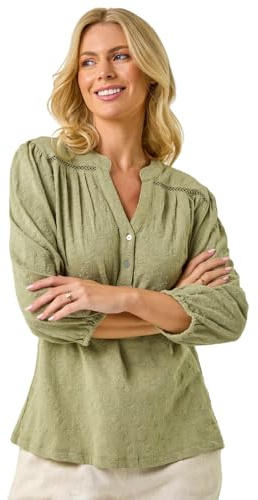 Roman Petite Embroidered Stretch Top for Women UK - Ladies Everyday Holiday Spring Summer V-Neckline Comfy Soft Evening Vacation Work Party - Petite Khaki - Size 16