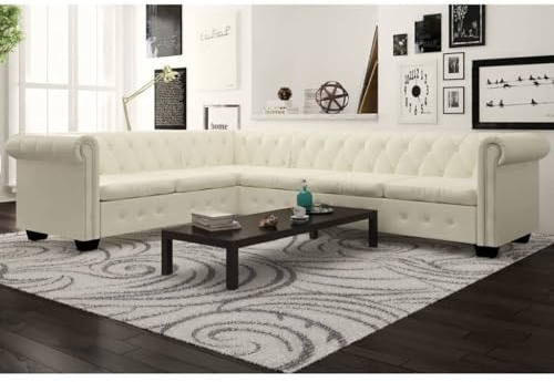 Qnhdfrt Großes Chesterfield Ecksofa 6-Sitzer Weiß Kunstleder mit Knopfheftung für Wohnzimmer und Büro – Elegantes Design und hoher Komfort