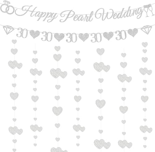 Happy 30th Wedding Anniversary Decorations - Pearl Wedding Banner With Diamond and Number 30 Bunting, Glitter Hearts Garland 30th Pearl Anniversary Party Supplies
