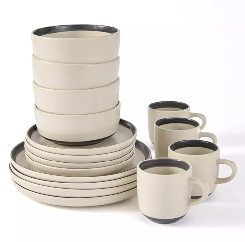 Waterside 16pc Hand Brush Effect Stoneware Dinner Set; 4 Dinner Plates, Side Plates, Deep Bowls & Mugs - Dishwasher & Microwave Safe