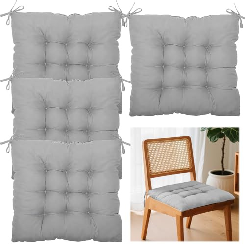4er Set Stuhlkissen, Sitzpolster Stuhl Sitzkissen, 40x40cm Sitzkissen mit Bändern, Gefüllt mit Bindebänder, Stuhlkissen für Gartenstuhl & Innenbereich, waschbare Sitzauflagen Gartenmöbel (Grau)