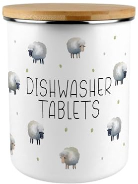 Spring Sheep Dishwasher Tablets Canister - Countryside Farm Animals Large Enamel Kitchen/Home Storage Container/Gift