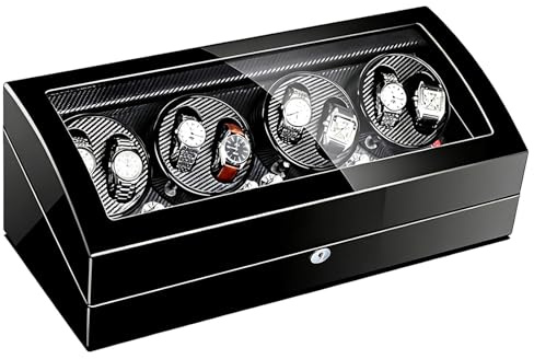 Lissontine Uhrenbeweger für Automatikuhren Uhrendreher Automatik, Holzgehäuse PU Leder Innen, Leiser Motor, Automatische Uhrenbewegerbox, LED Licht Blau, Große Kapazität 8+9 Uhren Black