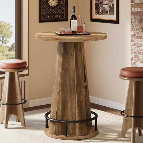 Tribesigns Stehtisch rund, Bistrotisch mit 100 cm Höhe und Stauraum, industrielle Cocktail- und Pubtische mit Metallfußleisten für Wohnzimmer, Bar, kleinen Räumen, braun