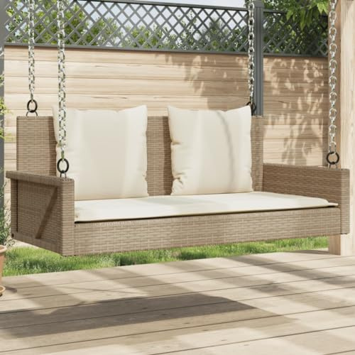 Bucmath Hollywoodschaukel Hängebank mit Kissen, Beige Poly Rattan 119x56x48 cm, UV-beständig, wetterfest für Garten, Terrasse, Veranda, max. 110 kg