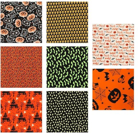 DOITOOL 8 Bögen Halloween Baumwolle Stoff mit Kürbis Schädel Fledermaus Motiv Dekorativer Patchwork Selbstgemacht Stoff für Festliche Bastelarbeiten und Feiertagsdekoration