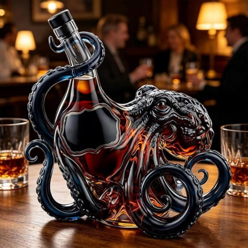Rum Octopus Bottle, Handcrafted Glass Decanter with 3D Form for Rum Whisky or Wine, 350ml Unique Nautical Sculpture for Coastal Home Decor Enthusiasts (750ml)