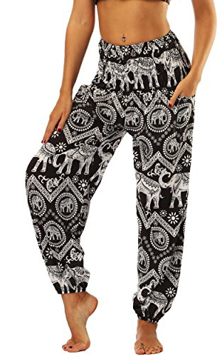 Nuofengkudu Frau Hippie Harems Hose Pumphose Haremshose Aladdinhosen Boho Gemustert Gesmockte Taille mit Taschen Yogahose Freizeithose Sommerhose Strandhose Schwarz Elefant