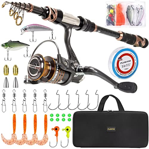 PLUSINNO Angelrute und Spule Combos – Karbonfaser Teleskop-Angelrute – Spinnrolle 12 + 1 geschirmte Kugellager Edelstahl BB, Komplettes Set mit Tragetasche, 1.8M 5.91FT
