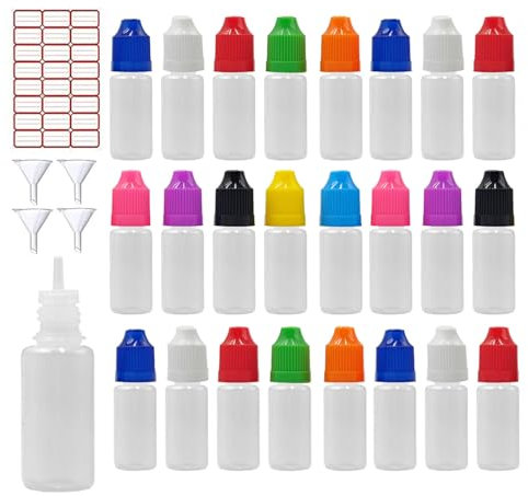 XIAONAN 50 x 10ml Leerflaschen Liquidflaschen Plastikflaschen Dropper Kunststoff Tropfflaschen + 10 Trichter (Flaschen + Gemischte Kappen + Spitzen + Trichter + Leere Etiketten)