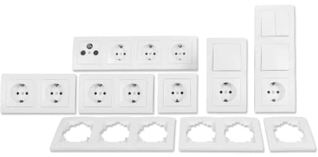 MC POWER - Flair - Juego de enchufes e interruptores I Comfort I 23 piezas I Interruptor de serie, enchufe de antena, enchufe Schuko, marco 1 x 2 x 3 x 4 posiciones, color blanco mate