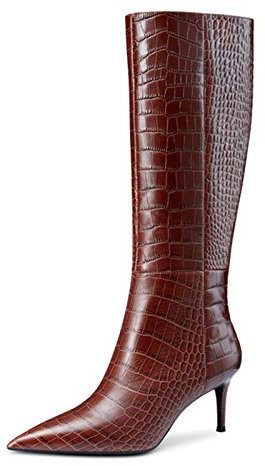 Donna Punta a punta Kitten Tacco al ginocchio Stivali di pietra Modello Side-Zip Stiletto Stivali per Autunno Inverno, Marrone (Marrone), 40 EU