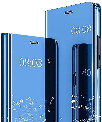 LEYAN Clear Smart View Schutzhülle für Samsung Galaxy A12, Spiegel, Flip Case, Cover, transparent, Standing, stoßfest, Folio Schutzhülle mit klappbarer Halterung, Blau