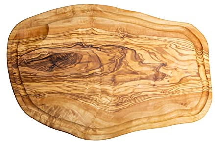 Küchenmaster Schneidebrett mit Saftrille aus Olivenholz | 38-40 cm | Olivenholzbrett, Servierbrett, Steakbrett | Fleischbrett hygienisch antibakteriell