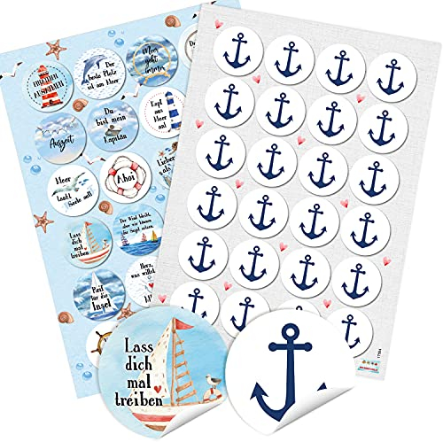 Logbuch-Verlag Sticker SET 24 maritime Sprüche Aufkleber + 24 Anker Sticker Schiffe Boote blau4 cm selbstklebend Deko Segelboot