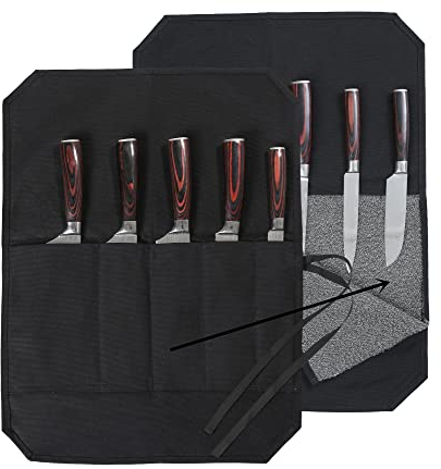 Knife Cases Organizer-Durable Waxed Canvas With Cut Resistant Lining -knife Roll 5 Pockets (Black-One)