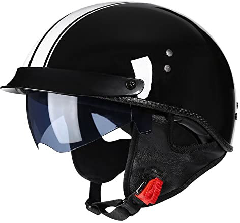 LHBM Retro Oldtimer Halbschale Jet-Helm Motorrad-Helm Brain-Cap,DOT/ECE-Zulassung Halbschale Motorrad-Helm Jet-Helm Roller-Helm Scooter-Helm Retro Motorrad Half Helm mit Built-in Visier C,L=57-58cm