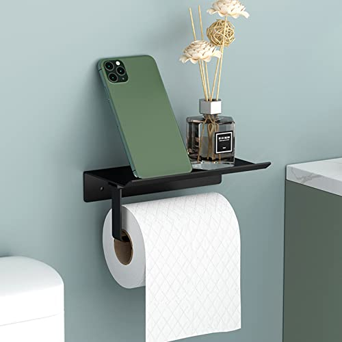Newaner Toilettenpapierhalter Space Aluminium Wandhalterung Rollenhalter mit geräumigen Ablagen, Toilettenpapierhalter Wandhalterung für Toilette und Küche, Ohne Bohren mit Ablage(Schwarz)