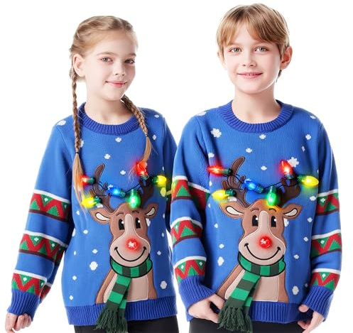 JOYIN Kids Christmas Jumpers LED Light Up Reindeer Ugly Xmas Jumper Xmas Sweater Built-in Light Bulbs for Girls Boys (Blue L)