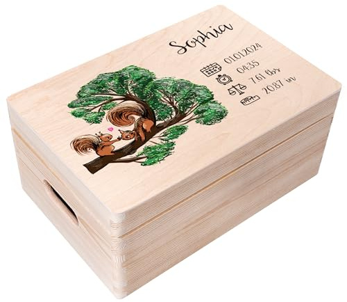 Creative Deco Erinnerungsbox Baby Personalisiert mit Namen - Eichhörnchen | 30 x 20 x 14 cm | Individuelle Erinnerungskiste Geschenk zur Geburt für Mädchen und Jungen | Holzkiste mit Deckel Farbdruck
