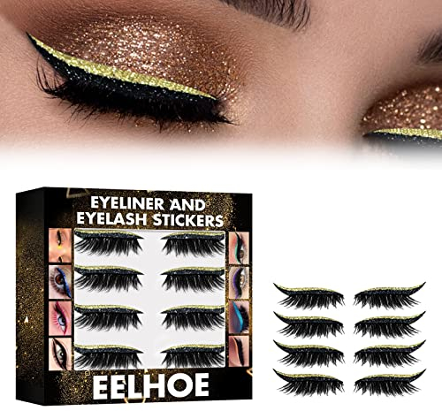 Eyeliner Wimpern Aufkleber, Künstliche Wimpern, Glitzer-Eyeliner-Aufkleber Falsche Wimpern Augen-Make-up-Aufkleber, Dicke Wimpern zur Verlängerung der Make-up-Wimpern, 4 Paar, Gold