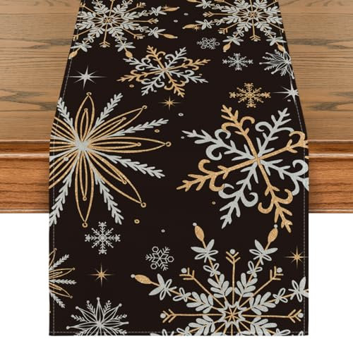 Artoid Mode Schwarz Gold Schneeflocken Weihnachten Tischläufer, Saisonnal Winter Küche Tisch Dekoration Drinnen Urlaub Party Dekor 40x180 cm