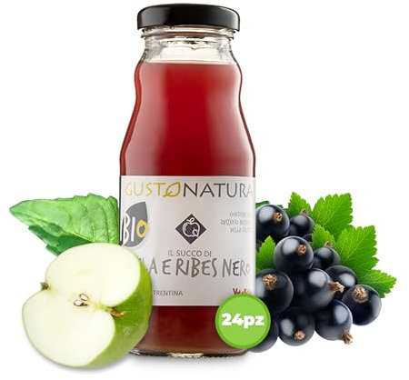 Gustonatura - 24pz Succo di Mela e Ribes Nero - del Trentino Alto-Adige - Senza Zucchero - Succhi di Frutta 100% BIO - Frutti Raccolti a Mano - 200ml
