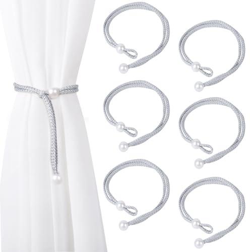 Dalababa 6 Stück Vorhang Raffhalter, Grau Gewebte Gardinenhalter, 47cm | Raffhalter für Vorhänge, Einstellbar Gardinenhalter mit Perlen , für Wohnzimmer, Schlafzimmer, Café