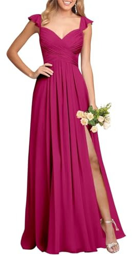YIAX68 - Abito da damigella d'onore, con scollo a V, da sera, per donne e ragazzi, con tasche, Fucsia, 50