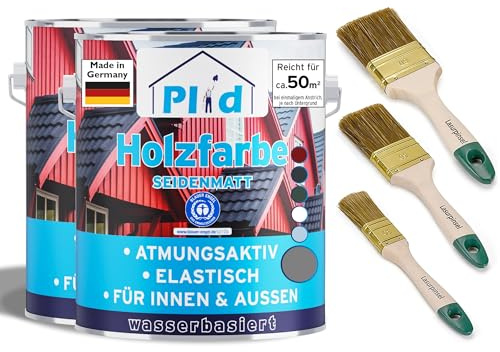 Plid® Peinture Bois Gris Argent 5 L + 3 Pinceaux – Intérieur & Extérieur, Protection Bois Durable, Résistante aux Intempéries, Fabriqué en Allemagne