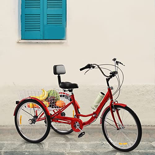 Aohuada Dreirad Erwachsene, 24 Zoll 7 Gänge Trike Cruise, Klappbar Fahrrad, Dreirad Für Erwachsene, Lastenfahrrad, Seniorenrad, 3 Rädern, Mit LED Licht,Einkaufskorb, für Unterhaltung, Einkaufen (Rot)
