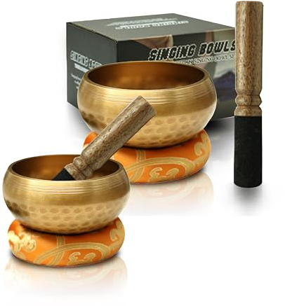 Klangschalen Set mit 2 Klangschalen, 10,2 cm, Meditationsklangschale, Holz, Messing, handgefertigt für Yoga, Chakra-Heilung, Achtsamkeit, einzigartige spirituelle Geschenke für Frauen und Männer