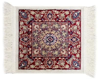 SaRani Klassischer Orientalischer Teppich Fransen Gold Dekor Blau Bordeaux Grün (35 x 35 cm, Beige)