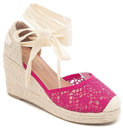 Miro Boho Chic Cuñas Alpargatas Mujer Plataforma Yute Sandalias Mujer Cuñas De Esparto con Encaje Zapatos Novia Alpargatas Boda (Fucsia Encaje, Adulto, Núm 36)
