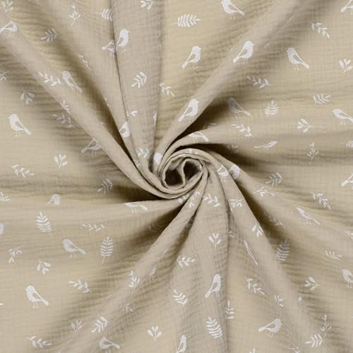 Musselin-Stoff Vögel ab 50x130cm 15 Farben Oeko-Tex Double Gauze Windeltuch Mulltuch, Farbe:052 - beige
