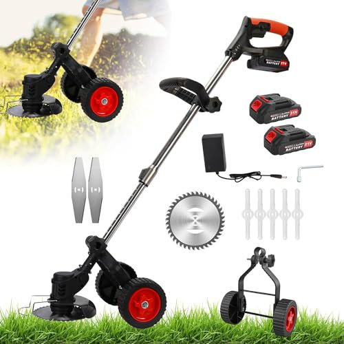 Grass Cutter, 21V 6inch Cordless Strimmer with Removable Wheels, 650W Grass Strimmer Cordless, 3 in 1 Telescopic Brush Cutter,Lightweight Grass Trimmer Lawn Edger Tool for Garden