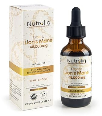 Nutroliq Lions Mane Liquid Drops - 48000mg Per Serving - Fruiting Body Extract - 30% Polysaccharides - Vegan Formula - 60-Day Supply - Lions Mane Tincture Supplement with Organic Hericium Erinaceus