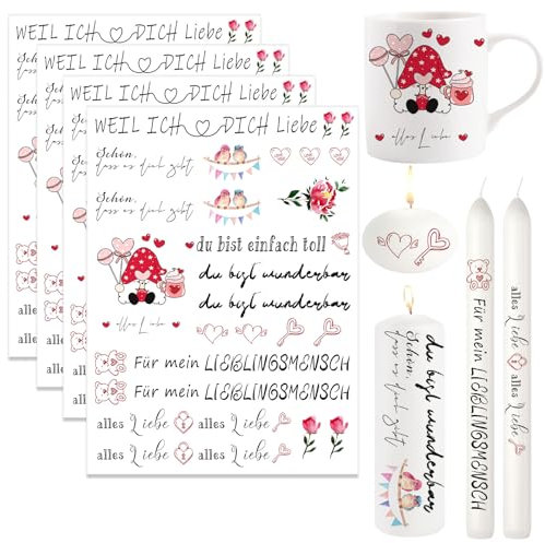 Ronoza® 4 Stück Kerzentattoos Valentinstag, Wasserschiebefolie Kerzen, Kerzenfolie, Lieblings Person, DIY Geschenk, Kerzentattoo, Kerzenaufkleber, Kerzen aufkleber, Kerzen Tattoo (Liebe D)