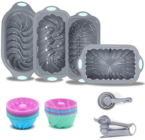 Tongjude 45 Pieces Silicone Baking Pans Set, 6 Cups Silicone Loaf Tin for Baking Bread, Baking Cups, Non-Stick Kitchen Oven Baking Pans, with Measuring Cups and Spoons Set, Grey