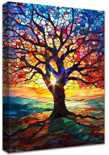 Cadre en Bois Impression sur Toile Rouge Jaune Bleu Arbre Tableau Affiche Decoration Murale Image sur Toile Arbre de Vie Coloré Tableau Decoration Murale Chambre Coucher Salle de bains Bar 30x40cm